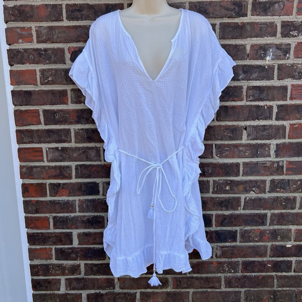 J. Crew Beachwear Size M Side Ruffle Tunic White 100% Cotton Lighweight